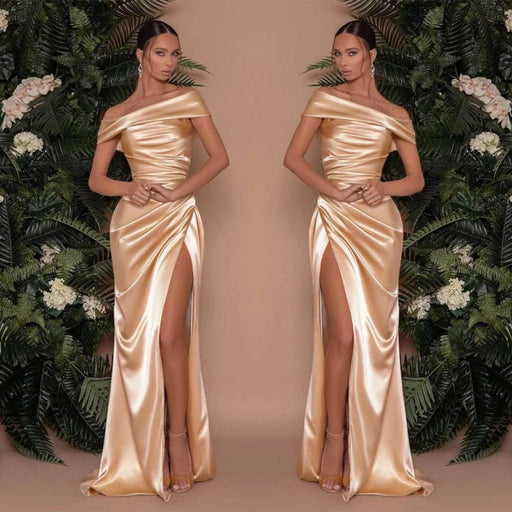 622. Champagne Off-The-Shoulder Charmeuse Prom Dress with Split Mermaid