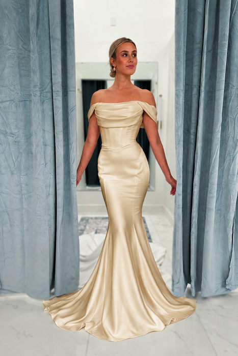 Champagne Classy Off-the-Shoulder Ruched Floor-length Mermaid Wedding Dresses - Wedding Dresses