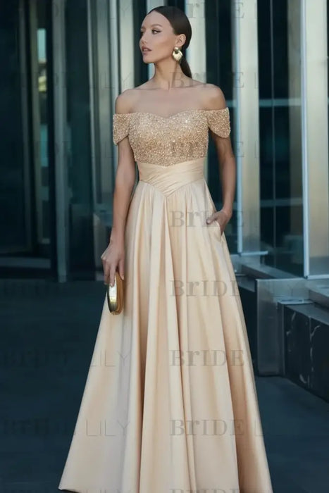 Champagne Off-the-Shoulder Satin Aline Formal Dress with Beadings