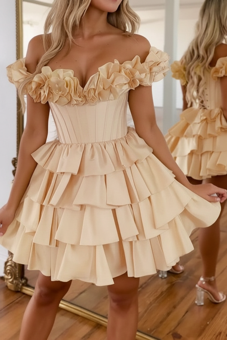 Champagne Off-the-Shoulder Satin Corset Graduation Dress Short Cocktail Dress