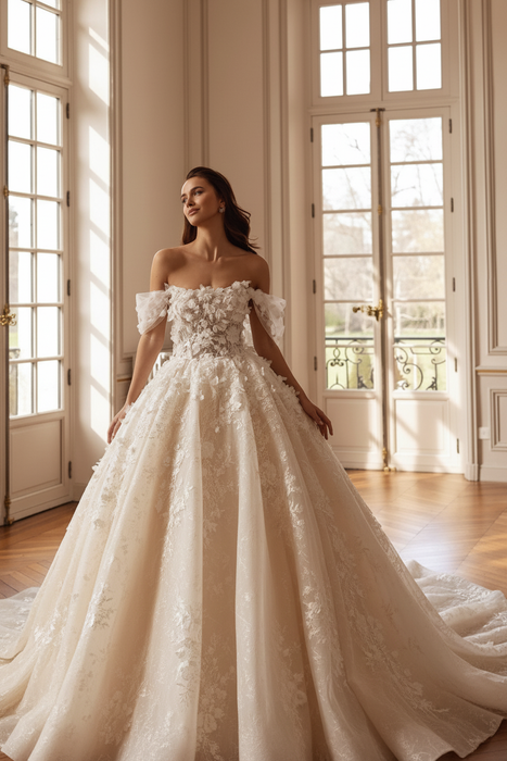 Champagne Beautiful Off-the-Shoulder Aline Wedding Dress Lace Appliques Ball Gown