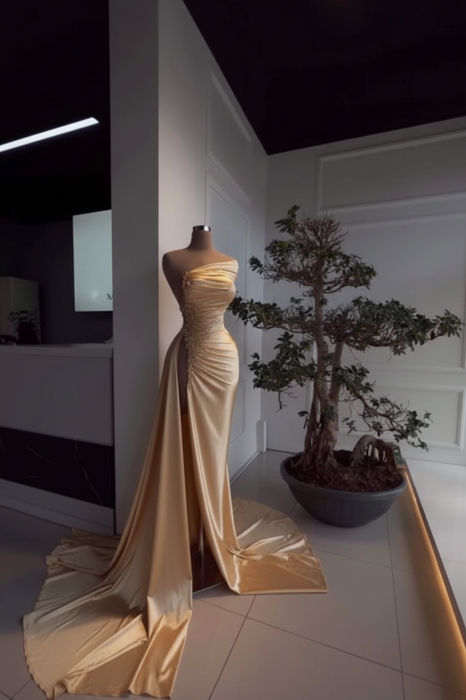 Champagne Gold Pearl Strapless Prom Dress with Long Slit