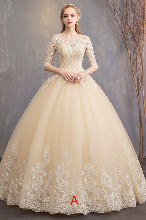 Champagne Princess Wedding Dresses Lace Illusion Neckline Half Sleeve Bridal Gown