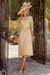 Champagne Floral Round Neck Satin Midi Mother Of The Bride Dress with Sleeves