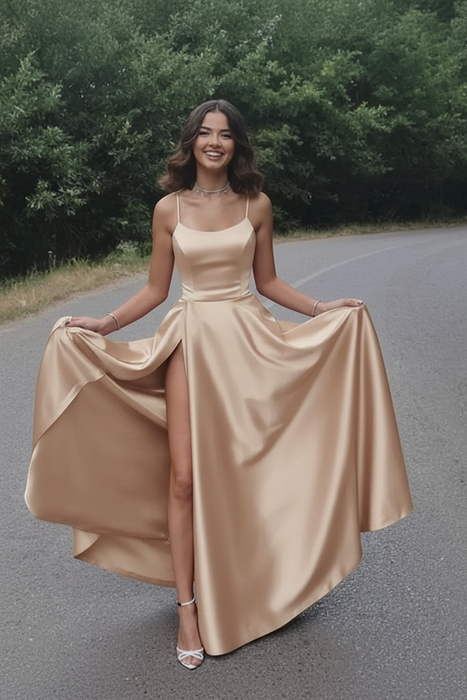 Champagne Aline Satin Long Prom Dresses with High Slit