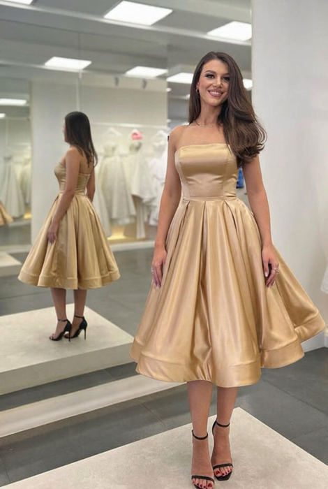 Champagne Satin Strapless Prom Dress
