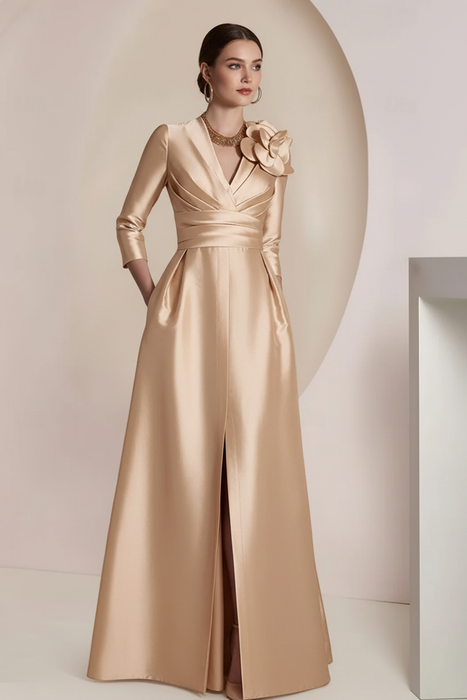 Champagne Satin V-Neck Mother of the Bride Dress with 3/4 Sleeves with Split Front