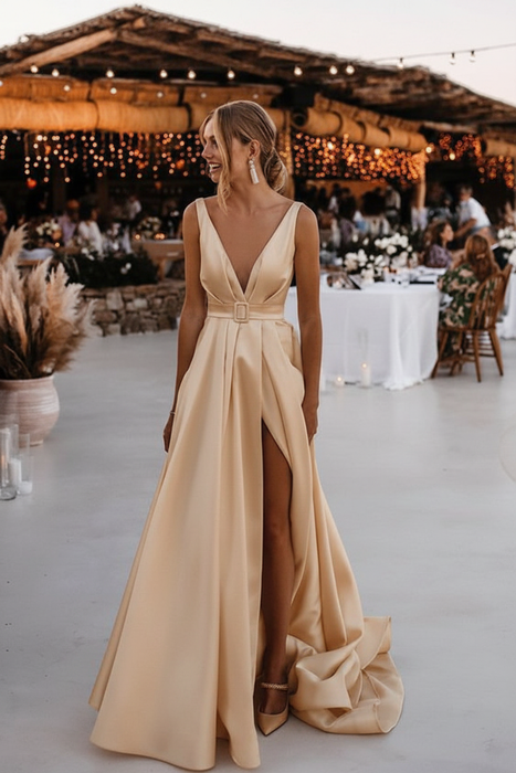 Champagne Satin Wedding Dress Open Back Bridal Dress with Split