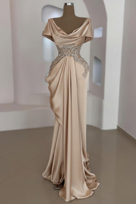 Champagne Scoop Neck Ruffles Satin Prom Dress Mermaid Sleeveless Evening Dress with Beads