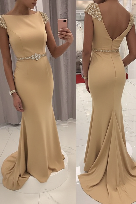 Champagne Sequined Fitted Cap Sleeve Mermaid Prom Dress Formal Gown - Prom Dresses