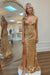 Champagne Sequins V Neck Backless Sleeveless High Slit Prom Dress