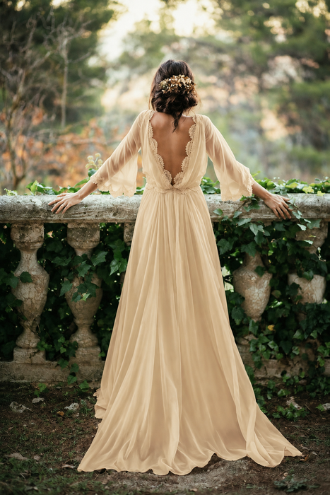 Champagne Boho 3/4 Sleeves Backless Long Chiffon Beach Wedding Dress