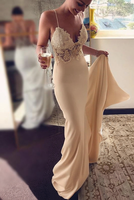 Champagne Sexy Spaghetti Straps Mermaid Long Beach Wedding Dress with Lace - Wedding Dresses