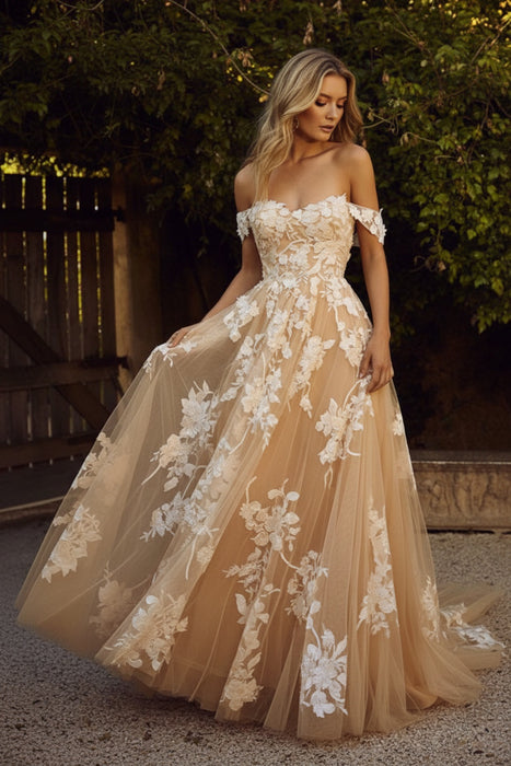 champagne wedding dresses a line off the shoulder  lace flora appliqued tulle bridal gown with train