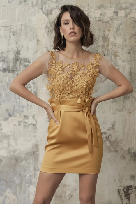 Champagne Short Wedding Dresses Illusion Neckline Jewel Neck Short Sleeves Sheath Natural Waist Lace Bows Cut-Outs Ruffles Bridal Dresses