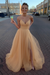 Champagne Simple A Line V Neck Tulle Long Prom Dresses with High  Split