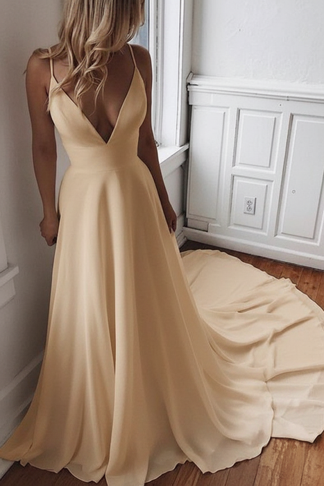 Champagne Simple V Neck Chiffon A Line Covered Button Boho Wedding Dresses 