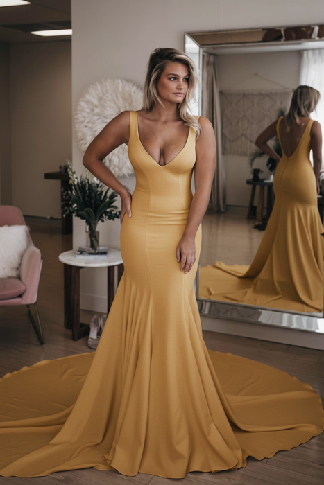 Champagne Simple V Neck Mermaid with Long Train Backless Beach Wedding Dress - Wedding Dresses