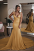 Champagne Simple V Neck Mermaid with Long Train Backless Beach Wedding Dress - Wedding Dresses