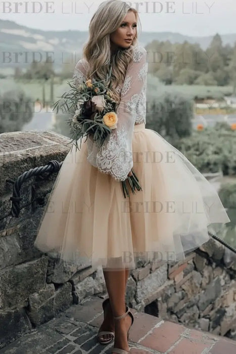 Champagne Simple Wedding Dress A Line Designed Neckline Lace Tulle Bridal Gowns
