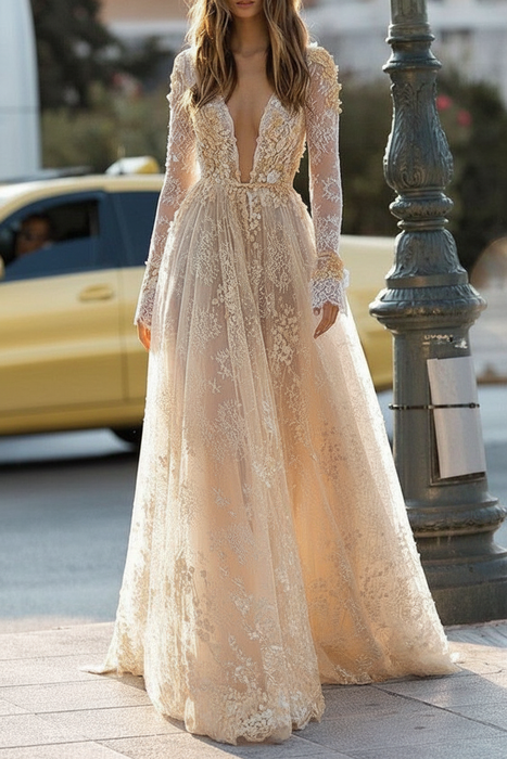 Simple Wedding Dress A Line Long Sleeves Lace Bridal Gowns-Bridelily
