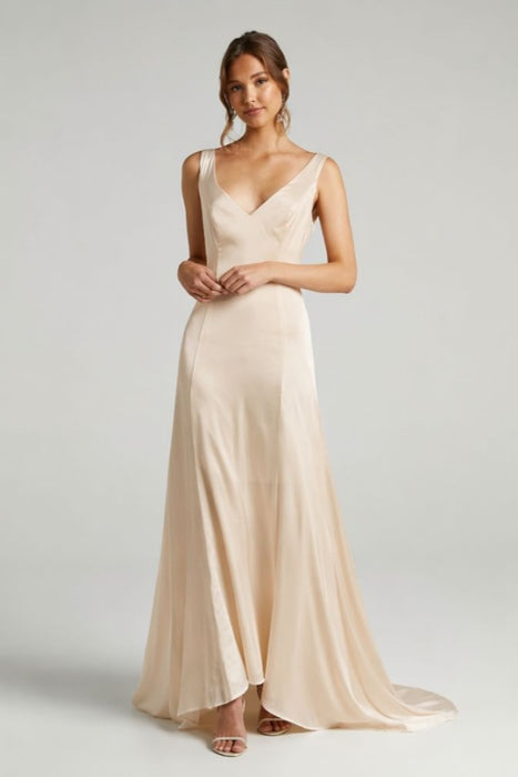 Champagne Simple Wedding Dress A-Line V-Neck Sleeveless Backless Chiffon Bridal Dresses