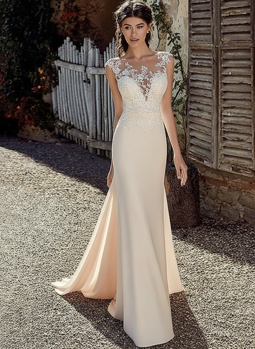 Simple Wedding Dress Champagne Chiffon Illusion Neckline Sleeveless Court Train Applique Sheath Bridal Gowns