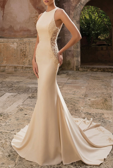 Champagne Simple Wedding Dress Spandex Jewel Neck Sleeveless Lace Mermaid Bridal Dresses