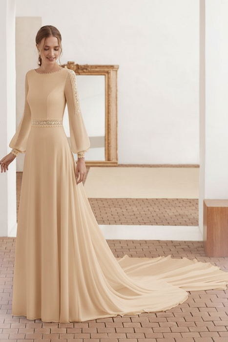 Champagne Simple Wedding Dress With Train Chiffon Halter Long Sleeves Lace A Line Bridal Dresses