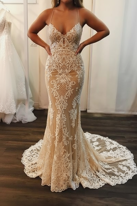 Champagne Spaghetti Strap Mermaid Lace Applique Long Train Wedding Dress - Wedding Dresses