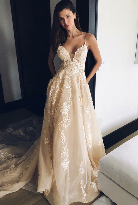 Champagne Spaghetti Strap V Neck Beach Court Train Tulle Wedding Dress with Lace 