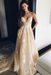 Champagne Spaghetti Strap V Neck Beach Court Train Tulle Wedding Dress with Lace 