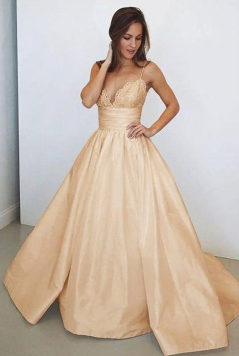 Champagne Spaghetti Straps White V Neck Sleeveless Satin Beach Wedding Dress - Wedding Dresses