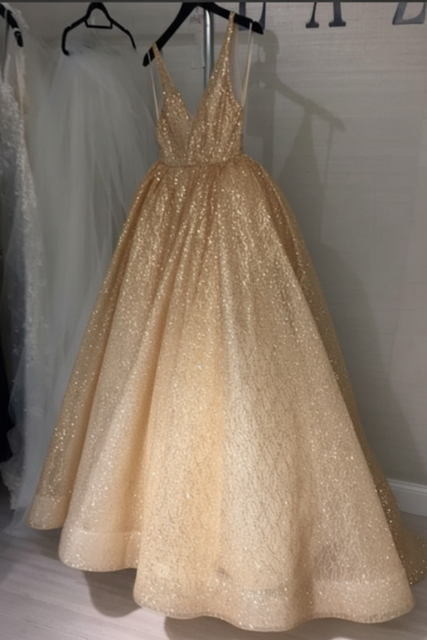 Sparkly A Line V Neck Backless Ivory Long Wedding Dress