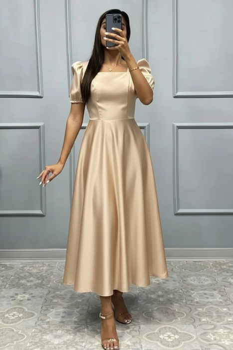 Champagne Square Neck A-Line Prom Dress with Short Sleeves