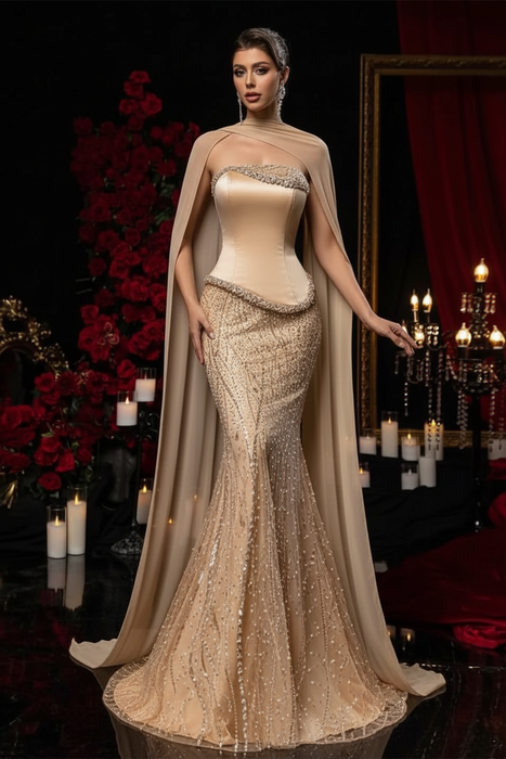 Champagne Charming Strapless Beadings Satin Prom Dress Mermaid with Cape
