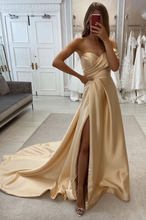 Champagne Strapless Sweetheart Satin Wedding Dress with Front Split - wedding dresses