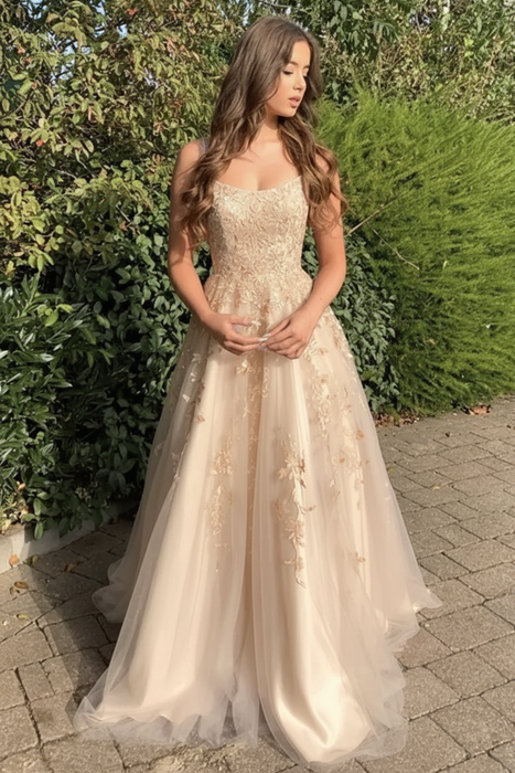 Stylish Champagne Lace Long Prom Dresses