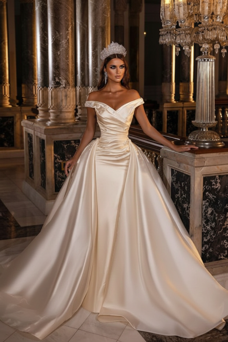 Champagne Sweetheart Backless Satin A-Line Off-The-Shoulder Bridal Gown with Ruffled Appliques