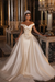 Champagne Sweetheart Backless Satin A-Line Off-The-Shoulder Bridal Gown with Ruffled Appliques