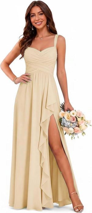 Women's Chiffon Bridesmaid Dresses Long Evening Formal Gown with Slit - Champagne