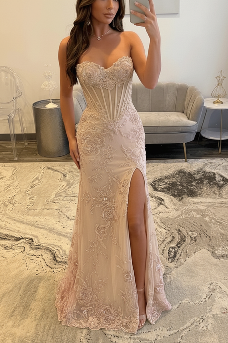 Champagne Sweetheart Lace Mermaid Evening Dress Sequins Corset Prom Dress with Appliques