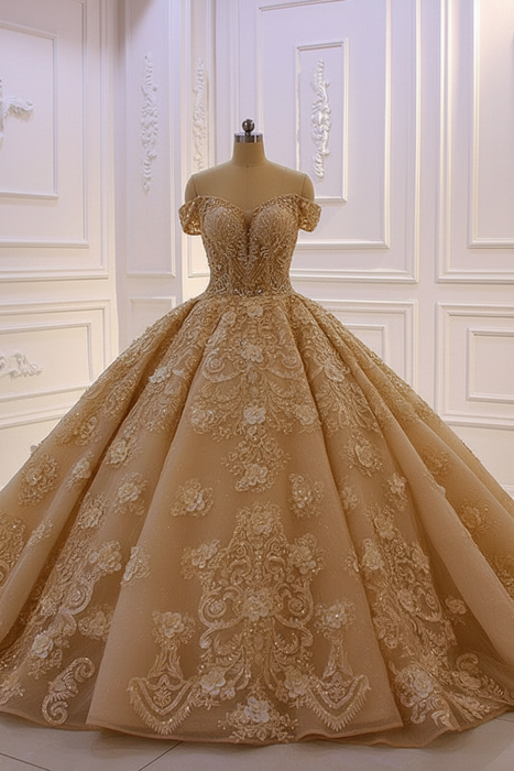Champagne Sweetheart Off-the-Shoulder Backless Wedding Dress with Lace Ruffles and Tulle Appliques