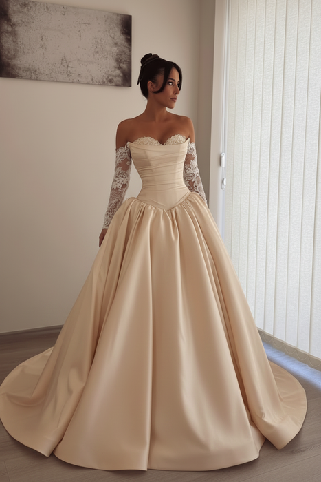 Champagne Gorgeous Sweetheart Aline Wedding Dress Satin with Detachable Lace Sleeves