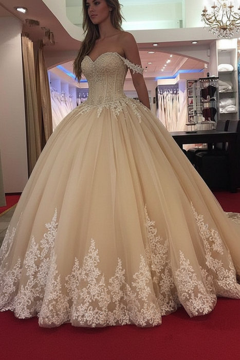 Champagne Wedding Dress Princess Silhouette Sweetheart Neck Sleeveless Natural Waist Applique Tulle Bridal Dresses