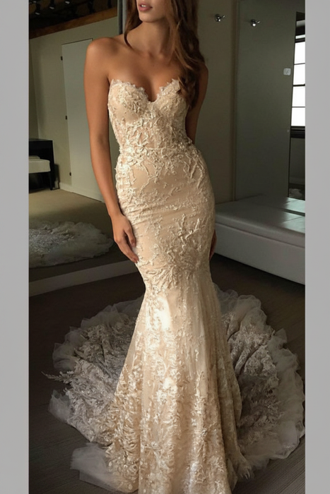 Champagne Sweetheart Strapless Lace Trumpet Court Train Wedding Dress - Wedding Dresses