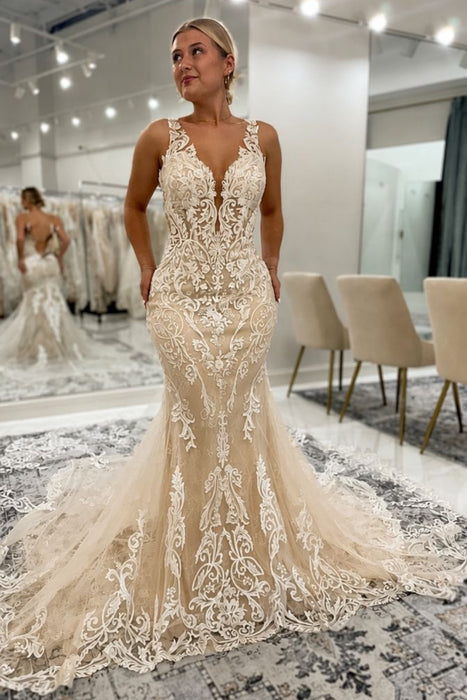 Sweetheart Tulle Appliques Lace Mermaid Wedding Dresses with Train