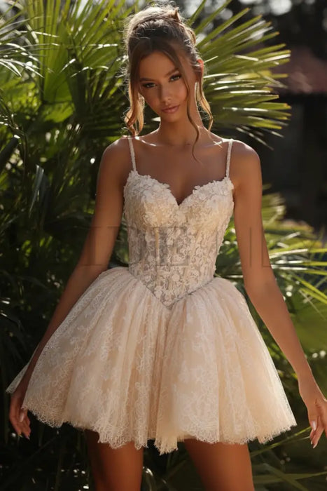 Champagne Sweetheart Tulle Lace Short Aline Wedding Dress Spaghetti Straps - wedding dresses