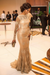 Champagne Trumpet/Mermaid High Neck Long Sleeves Applique Sweep/Brush Train Satin Dresses - Prom Dresses