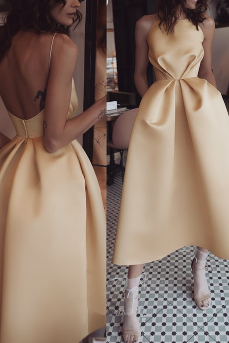 Champagne Unique Tea Length Satin Party Spaghetti Straps Backless Prom Dress - Prom Dresses